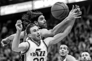 Trent Nelson  |  The Salt Lake Tribune Toronto Raptors forward Luis Scola (4) loses the ball, defended by Utah Jazz forward Gordon Hayward (20) as the Utah Jazz host the Toronto Raptors, NBA basketball at Vivint Smart Home Arena in Salt Lake City, Wednesday November 18, 2015.