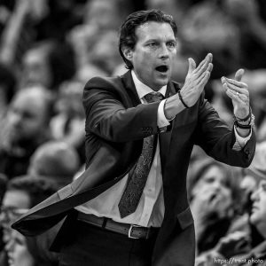 Trent Nelson  |  The Salt Lake Tribune Utah Jazz head coach Quin Snyder calls for a timeout as the Utah Jazz host the Toronto Raptors, NBA basketball at Vivint Smart Home Arena in Salt Lake City, Wednesday November 18, 2015.