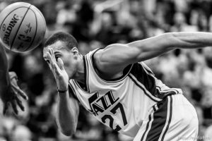 Trent Nelson  |  The Salt Lake Tribune Utah Jazz center Rudy Gobert (27) slaps the ball to a teammate as the Utah Jazz host the Toronto Raptors, NBA basketball at Vivint Smart Home Arena in Salt Lake City, Wednesday November 18, 2015.