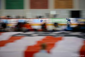 Trent Nelson  |  The Salt Lake Tribune Ronald Mulder, Netherlands (green/blue), and Mika Poutala, Finland (white/blue), in the men's 500m, speed skating at the ISU World Cup, at the Utah Olympic Oval in Kearns, Sunday November 22, 2015.