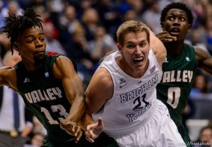 Trent Nelson  |  The Salt Lake Tribune Mississippi Valley State Delta Devils forward Jabari Alex (13), Brigham Young Cougars forward Kyle Davis (21), and Mississippi Valley State Delta Devils forward Vacha Vaughn (0) look for the rebound as BYU hosts Mississippi Valley State, NCAA basketball at the Marriott Center in Provo, Wednesday November 25, 2015.