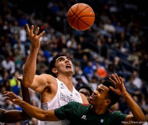 Trent Nelson  |  The Salt Lake Tribune Brigham Young Cougars center Corbin Kaufusi (44) and Mississippi Valley State Delta Devils guard Kylan Phillips (11) look to the loose ball as BYU hosts Mississippi Valley State, NCAA basketball at the Marriott Center in Provo, Wednesday November 25, 2015.