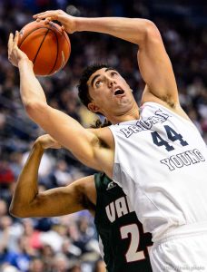 Trent Nelson  |  The Salt Lake Tribune Brigham Young Cougars center Corbin Kaufusi (44) pulls down a rebound as BYU hosts Mississippi Valley State, NCAA basketball at the Marriott Center in Provo, Wednesday November 25, 2015.