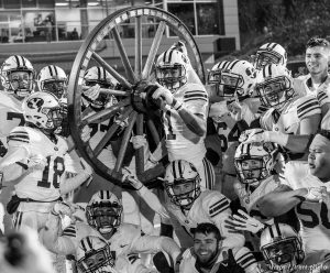Trent Nelson  |  The Salt Lake Tribune BYU players pose after the win as Utah State hosts BYU, NCAA football in Logan, Saturday November 28, 2015.