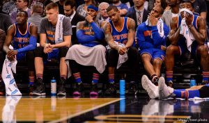 Trent Nelson  |  The Salt Lake Tribune The Knicks bench, down 26 points in the 4th quarter, as the Utah Jazz host the New York Knicks, NBA basketball at Vivint Smart Home Arena, Wednesday December 9, 2015.