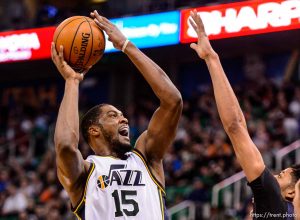 Trent Nelson  |  The Salt Lake Tribune Utah Jazz forward Derrick Favors (15) puts up a shot as the Utah Jazz host the New Orleans Pelicans, NBA basketball in Salt Lake City, Wednesday December 16, 2015.