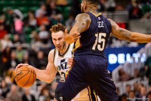 Trent Nelson  |  The Salt Lake Tribune Utah Jazz forward Gordon Hayward (20) is fouled by New Orleans Pelicans forward Alonzo Gee (15) as the Utah Jazz host the New Orleans Pelicans, NBA basketball in Salt Lake City, Wednesday December 16, 2015.