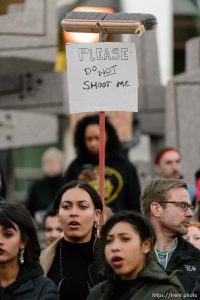 Trent Nelson  |  The Salt Lake Tribune Protesters at the Wallace Bennett Federal Building protest the police shooting of 17-year-old Abdi Mohamed on Saturday night, Monday February 29, 2016.