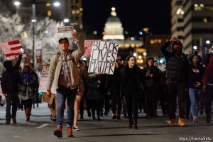 Trent Nelson  |  The Salt Lake Tribune Protesters march to the Public Safety Building to protest the police shooting of 17-year-old Abdi Mohamed on Saturday night, Monday February 29, 2016.
