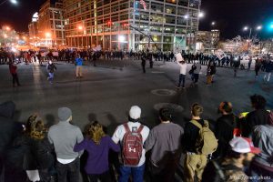 Trent Nelson  |  The Salt Lake Tribune Protesters occupy the intersection of 100 South State Street to protest the police shooting of 17-year-old Abdi Mohamed on Saturday night, Monday February 29, 2016.
