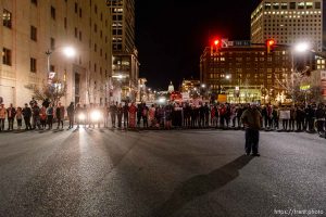 Trent Nelson  |  The Salt Lake Tribune Protesters occupy the intersection of 100 South State Street to protest the police shooting of 17-year-old Abdi Mohamed on Saturday night, Monday February 29, 2016.