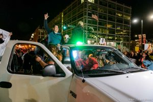 Trent Nelson  |  The Salt Lake Tribune Protesters occupy the intersection of 100 South State Street to protest the police shooting of 17-year-old Abdi Mohamed on Saturday night, Monday February 29, 2016.
