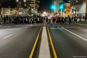 Trent Nelson  |  The Salt Lake Tribune Protesters occupy the intersection of 100 South State Street to protest the police shooting of 17-year-old Abdi Mohamed on Saturday night, Monday February 29, 2016.