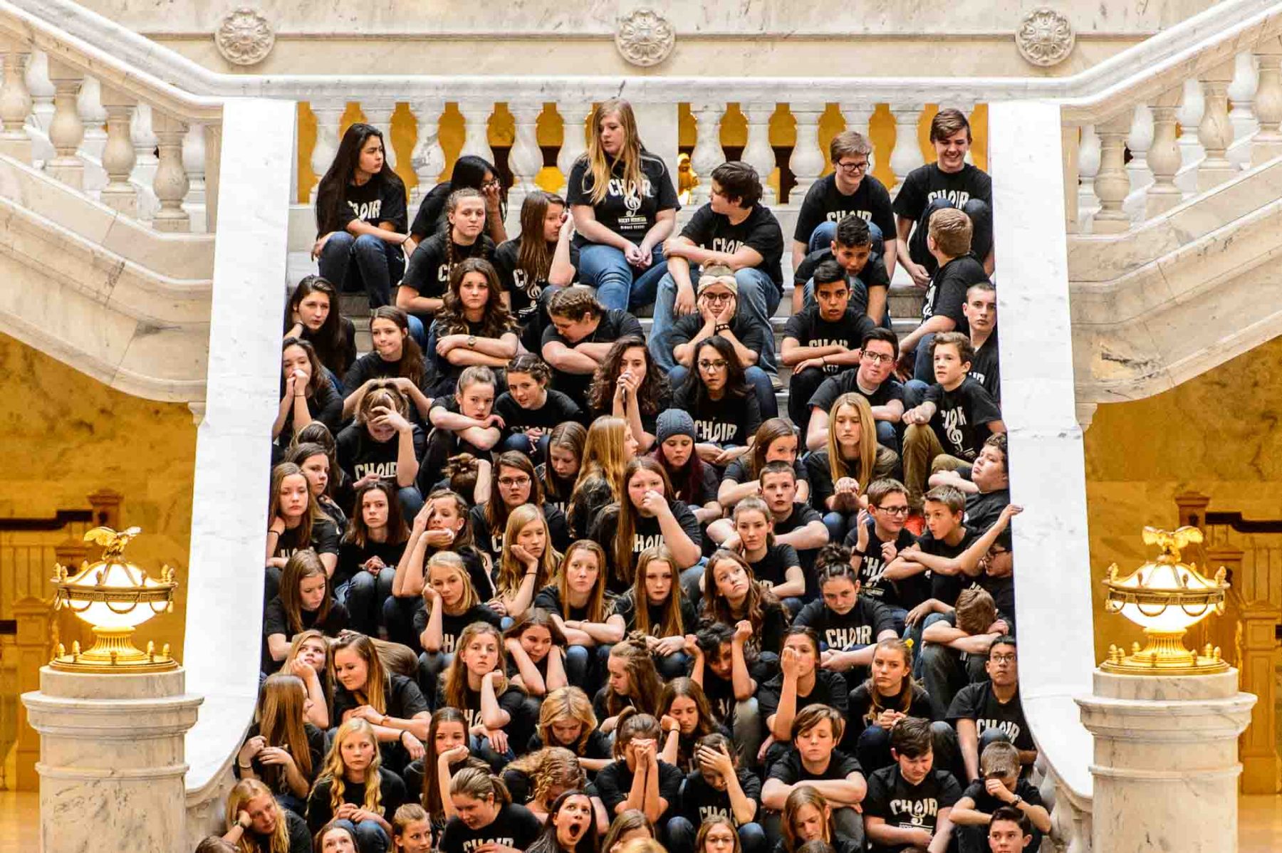 Trent Nelson  |  The Salt Lake Tribune
Members of the Rocky Mountain Middle School Combined Choirs wait to perform at Music on the Hill, sponsored by the Utah Music Educators Association. The event, took place in the rotunda of the State Capitol Building in Salt Lake City with students, educators, parents, and local advocates, who hope to unite in voice support for a well-rounded education that supports the student’s choice of participating in music education classes. Wednesday February 15, 2017.