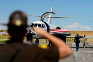 (Trent Nelson | The Salt Lake Tribune)  The body of fallen soldier Aaron Butler, who was killed last week in Afghanistan, arrives at the Monticello Airport, Thursday August 24, 2017.