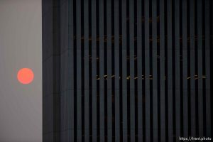 lds church office building , red sunset from forest fire smoky skies, Wednesday September 6, 2017.