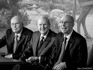 (Trent Nelson | The Salt Lake Tribune)  Dallin H. Oaks, Russell M. Nelson, and Henry B. Eyring at a news conference in the lobby of the Church Office Building in Salt Lake City, Tuesday January 16, 2018. Nelson was named the 17th president of the nearly 16 million-member Church of Jesus Christ of Latter-day Saints. Oaks was named First Counselor in the First Presidency and Eyring Second Counselor in the First Presidency.