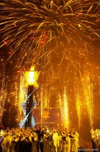 Fireworks. To celebrate the one-year anniversary of the 2002 Winter Olympics, the Olympic Cauldron at Rice-Eccles Stadium is re-lit. The flame will burn for the next 17 days. 02.08.2003, 7:21:13 PM
