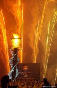 Fireworks. To celebrate the one-year anniversary of the 2002 Winter Olympics, the Olympic Cauldron at Rice-Eccles Stadium is re-lit. The flame will burn for the next 17 days. 02.08.2003, 7:24:53 PM