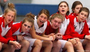 Spanish Fork players yell out encouragement as Fremont faces American Fork High School in the state championship girls basketball tournament Wednesday, February 20, 2013 in Taylorsville.