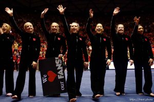 Trent Nelson  |  The Salt Lake Tribune
Utah gymnasts acknowledge their fans as their victory over Georgia is announced. University of Utah hosts Georgia at the Huntsman Center, college gymnastics Friday, February 3, 2012 in Salt Lake City, Utah.