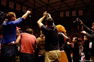 Trent Nelson  |  The Salt Lake Tribune
photographers crowd in as the University of Utah hosts Georgia at the Huntsman Center, college gymnastics Friday, February 3, 2012 in Salt Lake City, Utah. jeff allred, nathan sweet, chad