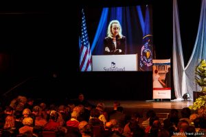 Dr. Jenet Jacob offers a prayer at the Sutherland Institute's educational forum on its 