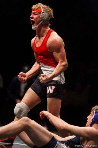 Trent Nelson  |  The Salt Lake Tribune
Jantz Arbon of Weber celebrates his win over John Marriott of Layton in the 160lb championship match of the 5A State Wrestling Championships at Utah Valley University in Orem, Utah, Thursday, February 10, 2011.