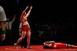 Orem - in the 285 lb match at the State High School Wrestling Championships Saturday February 14, 2009 at Utah Valley University.; Cedar City's Joran Lee celebrates his win over Hurricane's Daniel Nielson