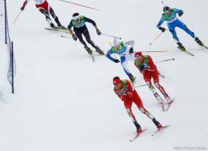 Trent Nelson  |  The Salt Lake Tribune
Johnny Spillane, USA, leads the pack with teammate Todd Lodwick right on his tail. Spillane made US Olympic history, earning a silver medal in the Mens Individual NH/10 km, Cross Country, Nordic Combined, at the XXI Olympic Winter Games in Whistler, Sunday, February 14, 2010. Spillane's medal is the first ever for an American in Nordic Combined.