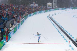 Trent Nelson  |  The Salt Lake Tribune
Men's 10 km Sprint, Biathlon, at the XXI Olympic Winter Games in Whistler, Sunday, February 14, 2010. Croatia's Jakov Fak, bronze medalist, crossing the finish line