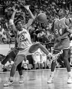 BYU's Andy Toolson (13) apparently scaring a turnover from UTEP player.