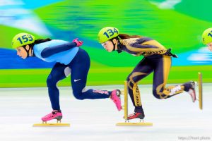 Ladies' 1500m, Short Track Speed Skating, at the XXI Olympic Winter Games in Vancouver, Saturday, February 20, 2010. heat 6 Lee Eun-Byul (140, kora), Hiroko Sadakane (japan, 134), Marina Georgieva-Nikolova (103), Allison Baver (153, USA), Aika Klein (120), Rozsa Darazs (122)