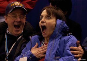 Sarah Hughes's parents John and Amy Hughes can't believe their daughter won the gold medal. Reaction as the medal ceremony takes place. Ladies Free Skating competition, Thursday evening at the Salt Lake Ice Center, 2002 Olympic Winter Games.
 02.21.2002, 9:54:59 PM