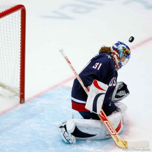 USA's Jessie Vetter makes a save. USA vs. Sweden, women's hockey, at the XXI Olympic Winter Games in Vancouver, Monday, February 22, 2010.