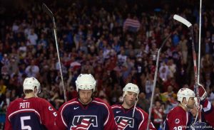 Dejected US team. USA vs. Canada, gold medal hockey, Sunday afternoon at the E Center, 2002 Olympic Winter Games.; 02.24.2002, 3:08:40 PM