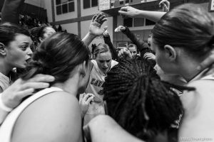 Taylorsville - Bingham vs. American Fork High School girls basketball, 5A State Championship tournament Friday February 27, 2009 at Salt Lake Community College. American Fork's Haley Holmstead (5) leads her team in a pre-game huddle before taking the floor against Bingham