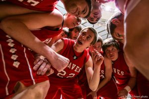 Bountiful's Brett Markowski leads the pre-game huddle. Ogden - Bountiful vs. Timpview High School boys basketball, 4A State Basketball Championships at the Dee Events Center Wednesday.