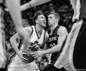Trent Nelson  |  The Salt Lake Tribune
Utah Jazz forward Gordon Hayward (20) is fouled by Memphis Grizzlies forward Jon Leuer (30) as the Utah Jazz host the Memphis Grizzlies, NBA basketball at EnergySolutions Arena in Salt Lake City, Wednesday February 4, 2015.