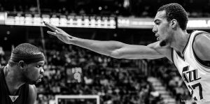 Trent Nelson  |  The Salt Lake Tribune
Utah Jazz center Rudy Gobert (27, right) defending Memphis Grizzlies forward Zach Randolph (50), as the Utah Jazz host the Memphis Grizzlies, NBA basketball at EnergySolutions Arena in Salt Lake City, Wednesday February 4, 2015.