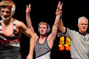 Trent Nelson  |  The Salt Lake Tribune
David Vantassell, Duchesne, celebrates his win over Stetson Wright, Milford in the 1A 113 championship match at the Class 3A, 2A and 1A high school wrestling tournament at the UCCU Center in Orem, Saturday February 13, 2016.