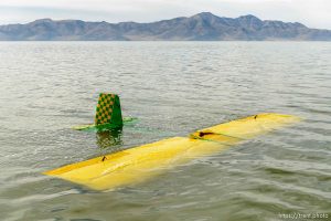 Trent Nelson  |  The Salt Lake Tribune
Brine shrimpers working the harvest on the Great Salt Lake rescued a fixed-wing airplane pilot after he crashed the craft near Stansbury Island Thursday October 13, 2016.