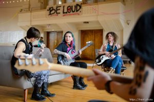 Brew Lira teaches the bass at Rock Camp for Womyn. People attending the camp learn how to play instruments, form bands, write songs, and perform live in concert — all in three days. It's a new program by the same group that does Rock and Roll Camp for Girls. Salt Lake City, Friday February 2, 2018.