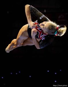 (Trent Nelson | The Salt Lake Tribune)  MaKenna Merrell-Giles on beam as Utah hosts Washington, NCAA gymnastics in Salt Lake City, Saturday February 3, 2018.