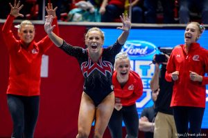 (Trent Nelson | The Salt Lake Tribune)  MyKayla Skinner  celebrates her floor routine as Utah hosts Washington, NCAA gymnastics in Salt Lake City, Saturday February 3, 2018.
