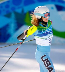 Julia Mancuso, USA, takes the silver medal in Ladies' Super Combined, at the XXI Olympic Winter Games in Whistler, Thursday, February 18, 2010.