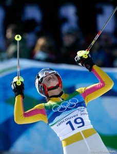 Maria Riesch, Germany, takes the gold medal in Ladies' Super Combined, at the XXI Olympic Winter Games in Whistler, Thursday, February 18, 2010.