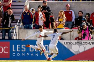 Los Angeles FC forward Diego Rossi (9) and Los Angeles FC forward Latif Blessing (7) celebrate Rossi's goal.
