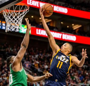 (Trent Nelson | The Salt Lake Tribune)   Utah Jazz vs. Boston Celtics, NBA basketball in Salt Lake City, Wednesday March 28, 2018. Utah Jazz guard Dante Exum (11).