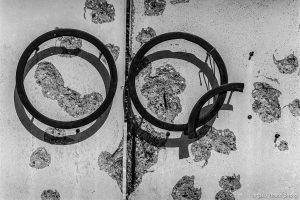 Olympic rings shot out and bullet holes at the ski jump venue, Igman.